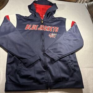 Vintage Reebok Columbus Blue Jackets NHL Hoodie Y2K Navy Blue Red Zip Up Small